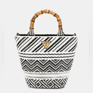 New GUESS Monochrome Geometric Tote with Bamboo Handles
